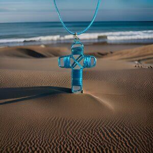 Blue Cross on Blue thong Necklace 18 inches